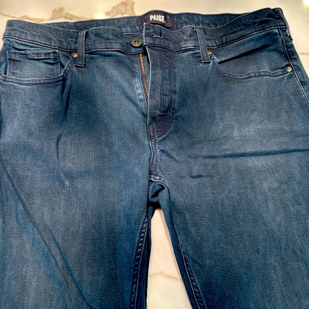 Men’s Paige jeans, size 34, dark blue wash, straight cut.